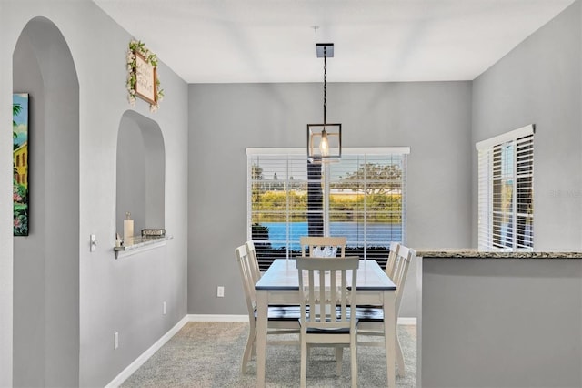 dining space featuring light carpet