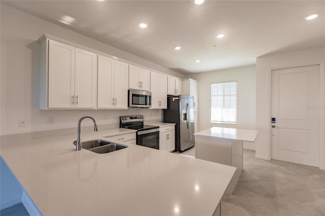 kitchen with kitchen peninsula, a kitchen island, white cabinets, appliances with stainless steel finishes, and sink