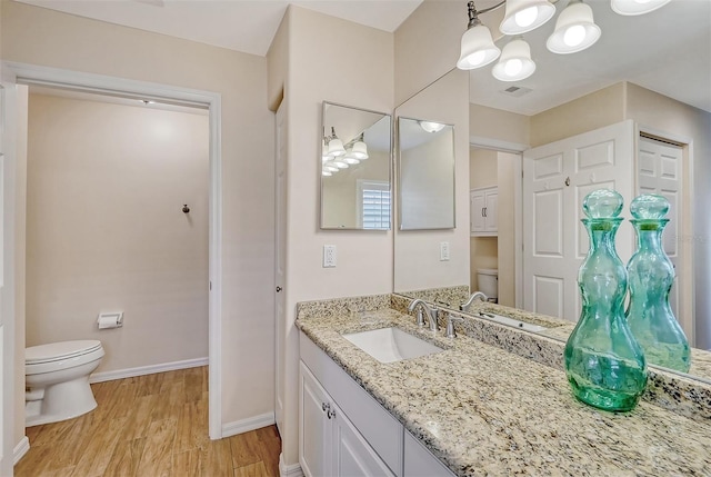 bathroom with vanity, wood-type flooring, and toilet