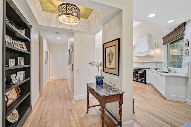 hall featuring ornamental molding, a tray ceiling, light hardwood / wood-style floors, and sink