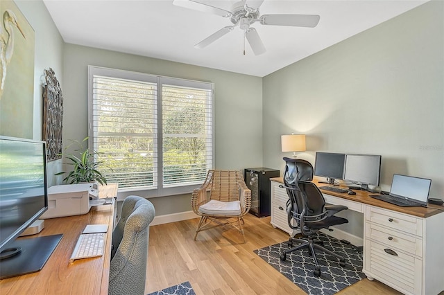 home office with ceiling fan and light wood-type flooring