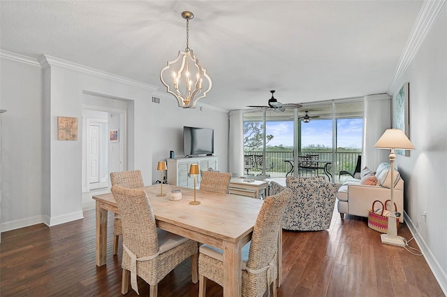 dining area with ornamental molding, floor to ceiling windows, dark hardwood / wood-style floors, and ceiling fan with notable chandelier