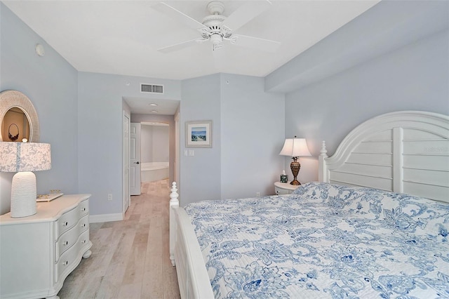 bedroom with ceiling fan and light hardwood / wood-style flooring