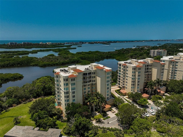 aerial view featuring a water view