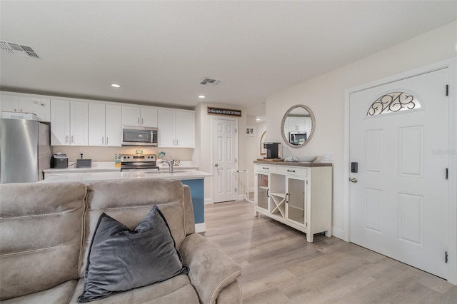 living room with light hardwood / wood-style floors and sink