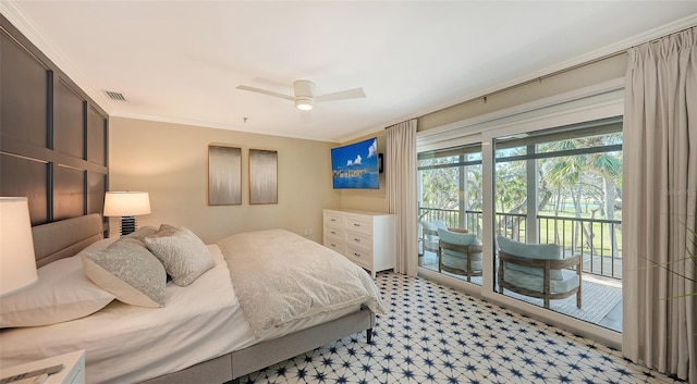 bedroom with ceiling fan, crown molding, and access to outside