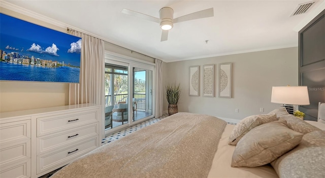 bedroom featuring ceiling fan, access to exterior, and ornamental molding