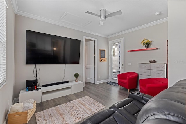 living room featuring ceiling fan, wood-type flooring, and ornamental molding