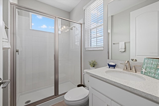 bathroom featuring vanity, a shower with door, toilet, and plenty of natural light