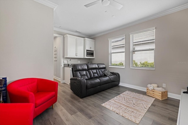 living room featuring crown molding, hardwood / wood-style floors, and ceiling fan