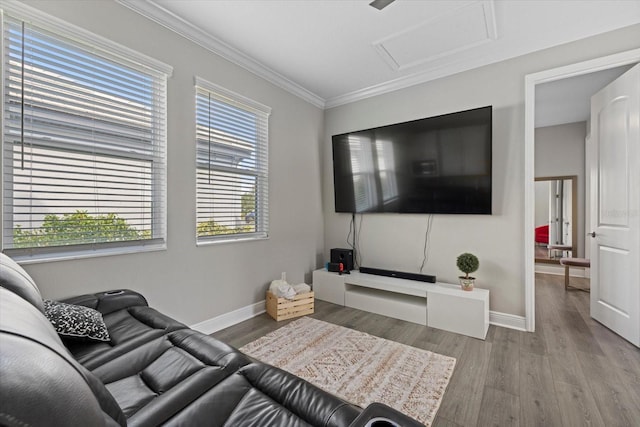 living room with wood-type flooring and crown molding