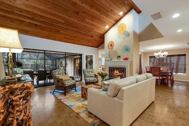 living room with high vaulted ceiling, light parquet floors, wood ceiling, and an inviting chandelier