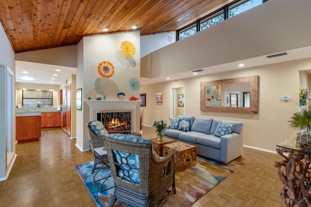 living room with high vaulted ceiling, light parquet flooring, and wood ceiling