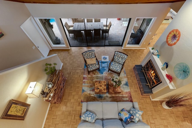 living room featuring light parquet flooring