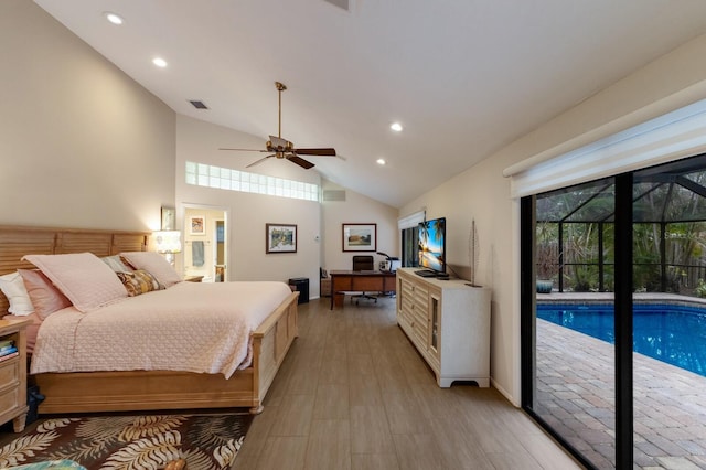 bedroom with ceiling fan, access to exterior, light hardwood / wood-style flooring, and high vaulted ceiling