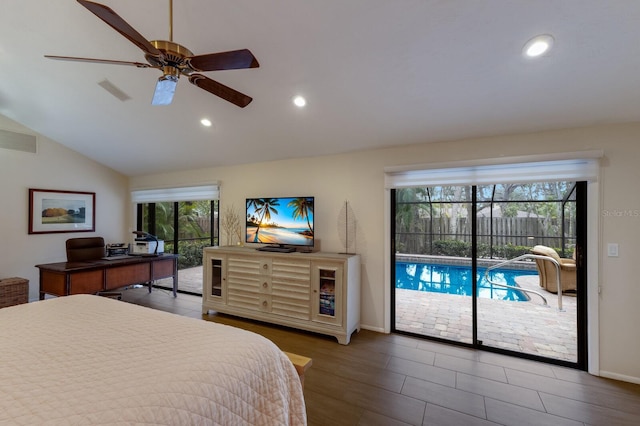 bedroom with ceiling fan, access to exterior, and lofted ceiling