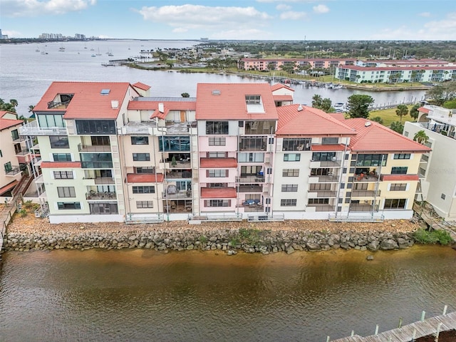 bird's eye view with a water view