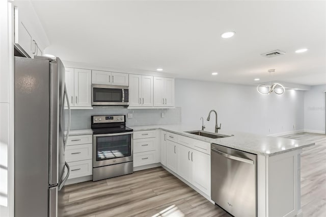 kitchen featuring appliances with stainless steel finishes, white cabinets, kitchen peninsula, and sink