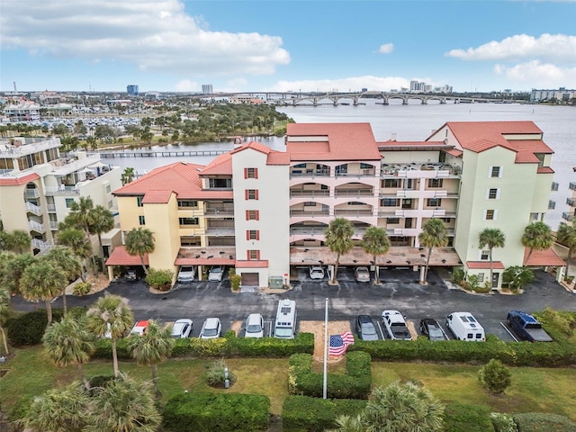 view of building exterior featuring a water view