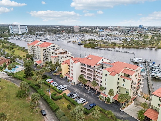 bird's eye view with a water view