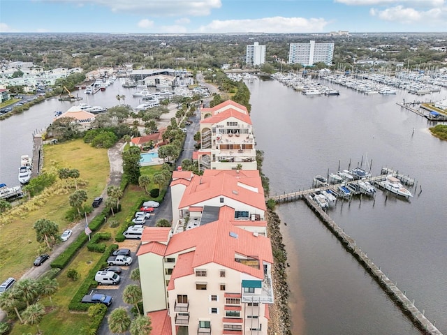 bird's eye view with a water view