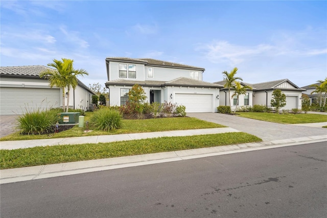 front facade with a garage and a front yard