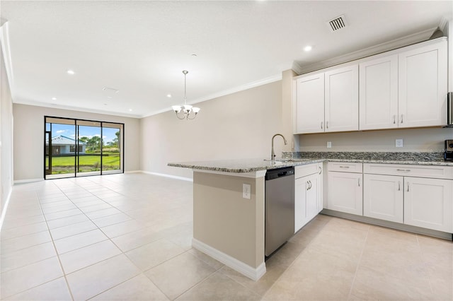 kitchen featuring white cabinets, stainless steel dishwasher, kitchen peninsula, and light stone countertops