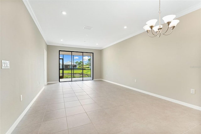 empty room featuring light tile patterned floors, crown molding, and a notable chandelier