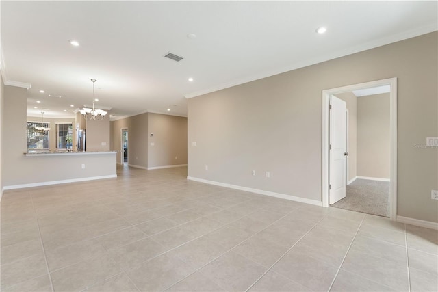 unfurnished living room featuring light tile patterned floors, a chandelier, and crown molding