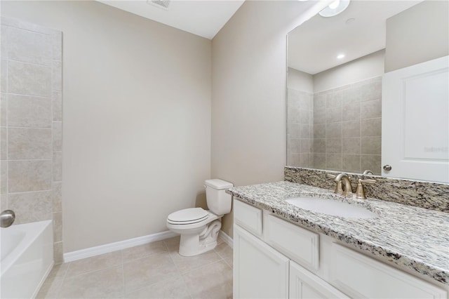 full bathroom with tub / shower combination, tile patterned floors, vanity, and toilet