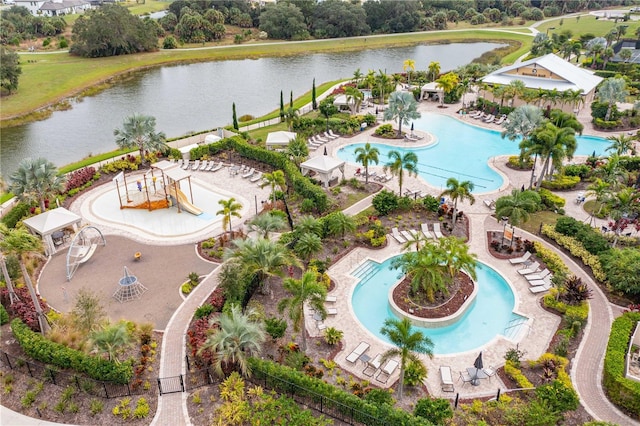 drone / aerial view featuring a water view