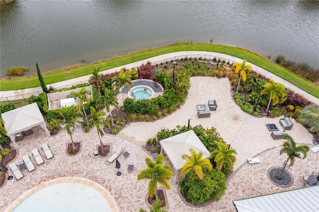 bird's eye view with a water view