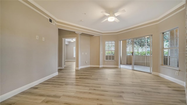 unfurnished room with light wood-type flooring, ceiling fan, and ornamental molding