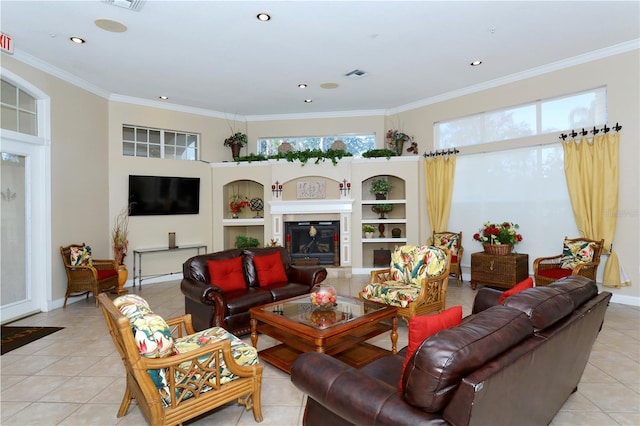 tiled living room with crown molding and built in shelves