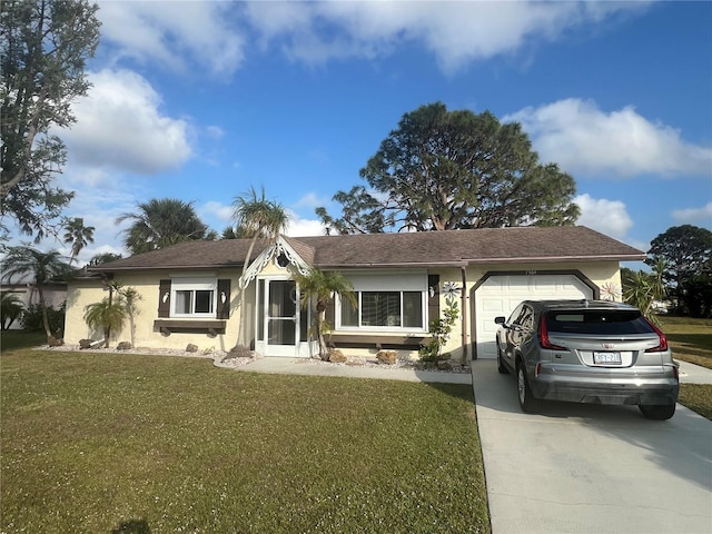 ranch-style house with a front lawn and a garage