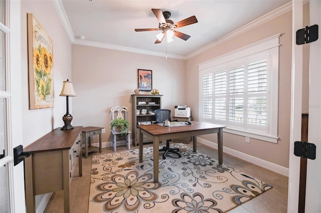 tiled home office with ceiling fan and ornamental molding