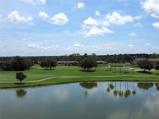 view of property's community with a water view and a yard