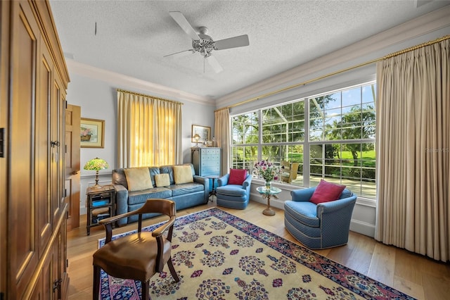 living room with light hardwood / wood-style floors, ceiling fan, a wealth of natural light, and crown molding