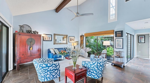 living room with ceiling fan, a textured ceiling, high vaulted ceiling, and beamed ceiling