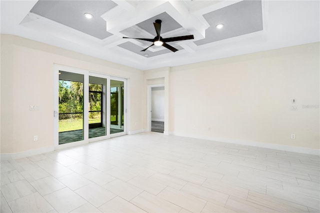 spare room featuring ceiling fan, coffered ceiling, ornamental molding, and beamed ceiling