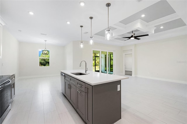 kitchen featuring sink, stainless steel appliances, an island with sink, coffered ceiling, and pendant lighting