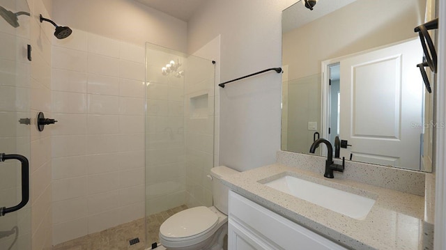 bathroom featuring toilet, vanity, and walk in shower