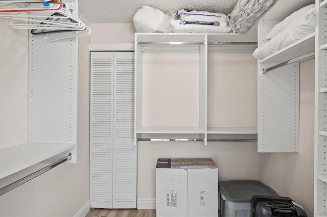 walk in closet with light wood-type flooring and washer / clothes dryer