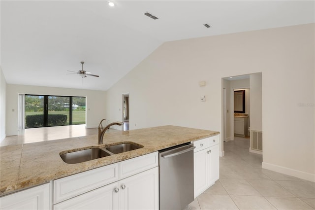 kitchen featuring white cabinetry, sink, light stone counters, and stainless steel dishwasher