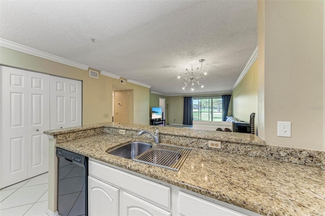 kitchen with white cabinets, crown molding, sink, light tile patterned floors, and black dishwasher