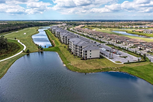 drone / aerial view with a water view