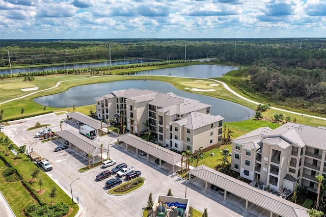 bird's eye view with a water view