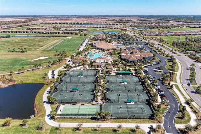 drone / aerial view with a water view