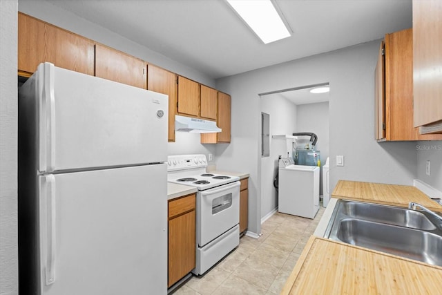 kitchen featuring white appliances, sink, and electric panel