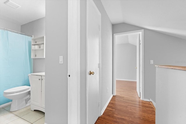 bathroom featuring walk in shower, lofted ceiling, vanity, and toilet